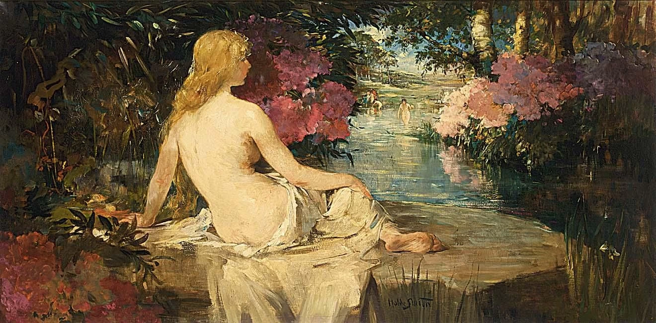 Una donna nuda seduta in un paesaggio